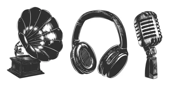 Handritade skisser av hörlurar, grammofon, mikrofon i monokrom isolerad på vit bakgrund. — Stock vektor