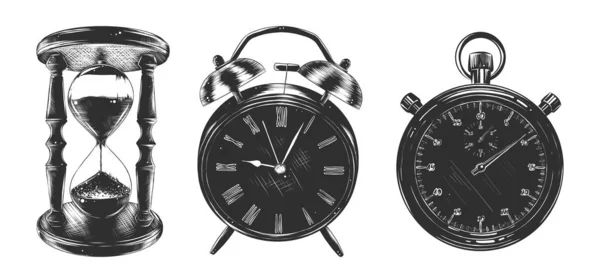 Dibujos dibujados a mano de reloj de arena o reloj de arena, despertador, cronómetro en monocromo aislado sobre fondo blanco . — Vector de stock