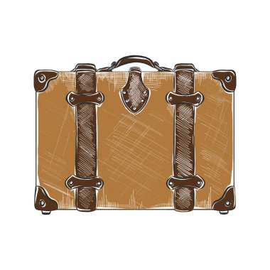 Posterler, dekorasyon ve logo için oymalı bir tasvir. Beyaz arka planda renkli izole edilmiş seyahat çantasının el çizimi. Ayrıntılı vintage ahşap biçimi çizimi.