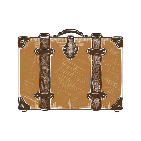 Vector engraved style illustration for posters, decoration and logo. Hand drawn sketch of travel suitcase in colorful isolated on white background. Detailed vintage woodcut style drawing.