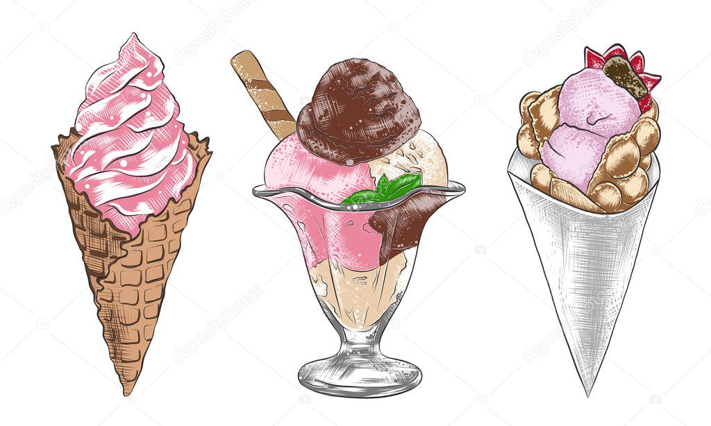 Vector engraved vintage style illustrations for posters, decoration, logo and menu. Hand drawn sketches set of ice cream cone, Hong Kong waffle and sundae ice cream in colorful on white background.