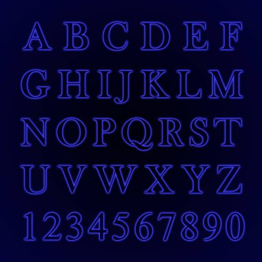 A 'dan Z' ye harflerle parlayan neon alfabesi ve 1 'den 0' a sayılar. Renk yılı 2020 mavi.