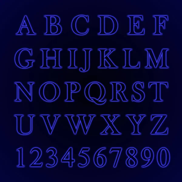 明亮的霓虹灯字母表，字母从A到Z，数字从1到0 。蓝色，2020年. — 图库照片