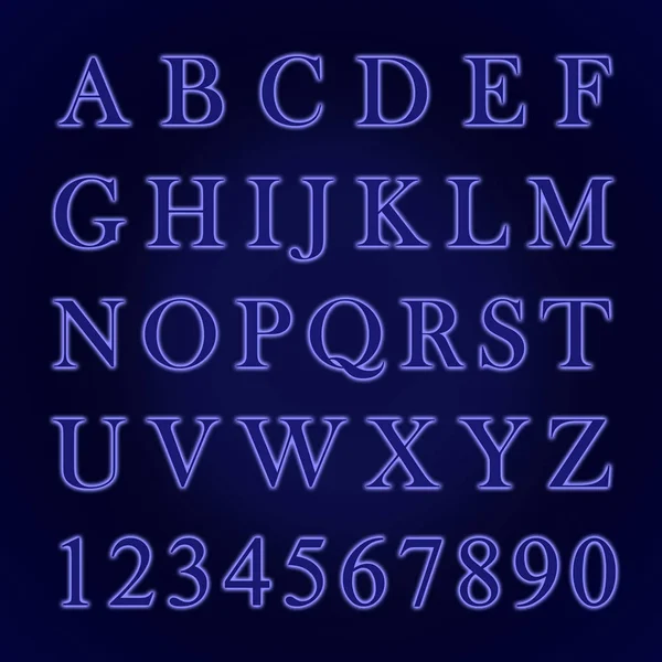 Glowing neon alphabet with letters from A to Z and numbers from 1 to 0. Trend color year 2020 blue. — Stock Photo, Image