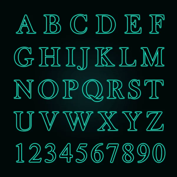 Λαμπερό νέον αλφάβητο με γράμματα από το Α έως το Ω και αριθμούς από το 1 έως το 0. Χρώμα τάσης - aqua Menthe, — Φωτογραφία Αρχείου
