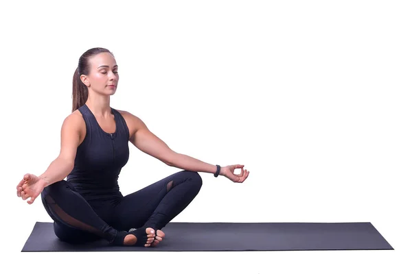 Vacker Flicka Isolerad Vit Bakgrund Gör Yoga Och Meditera Lotus — Stockfoto