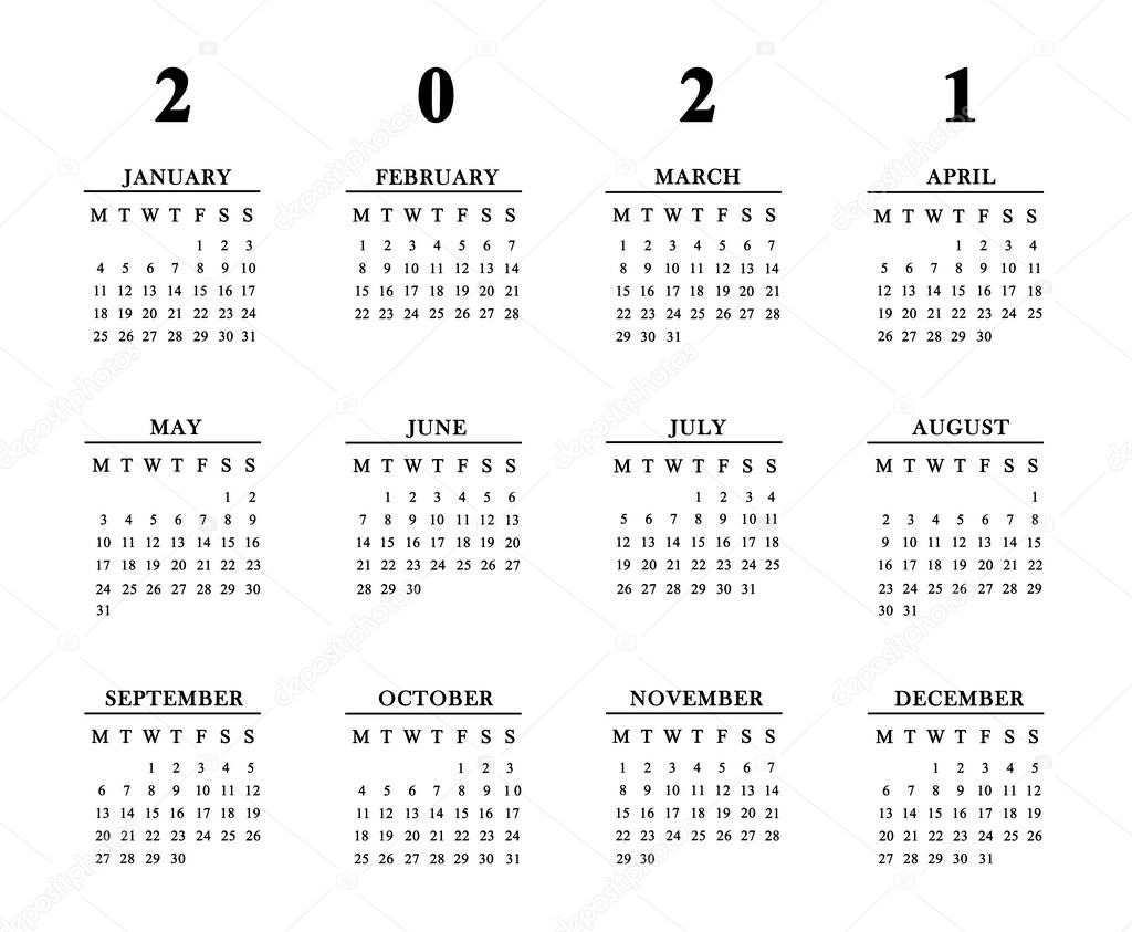 Calendar for 2021 on white background.