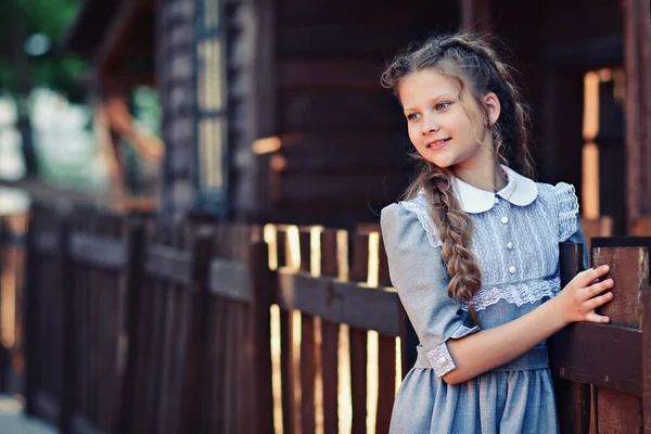 Chica Vestido Retro Sobre Fondo Una Casa Rural Madera — Foto de Stock