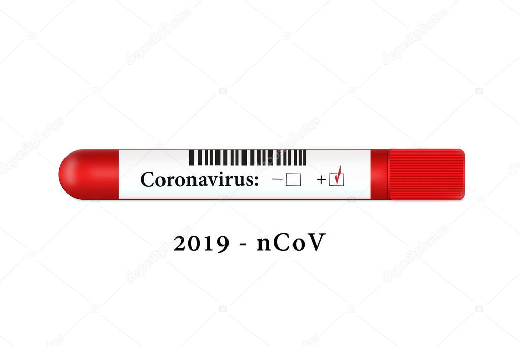 Test tube on a white background with the result of 2019-nKoV coronavirus.Pandemic infection concept