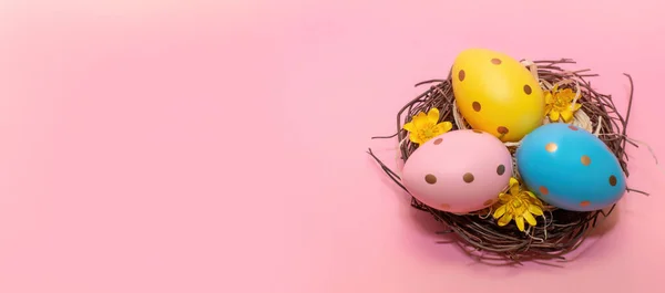 Easter eggs in nest on pink background.Copy space for text