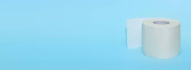 Mavi arka planda tuvalet kağıdı rulosu. Kronavirüs kavramından dolayı tuvalet kağıdı alımı. Temizlik, hijyen, kısırlık, virüsün yayılmasını durdurun.