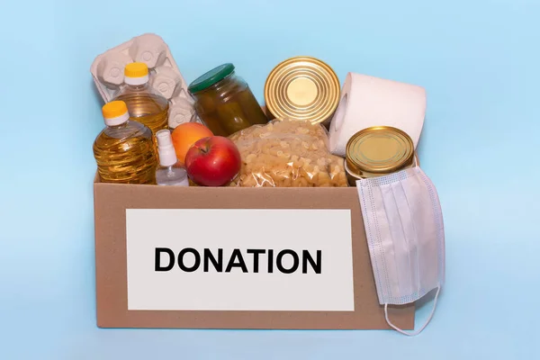 Food Donation Cardboard Box Isolated Blue Background Copy Space Coronavirus — Stock Photo, Image