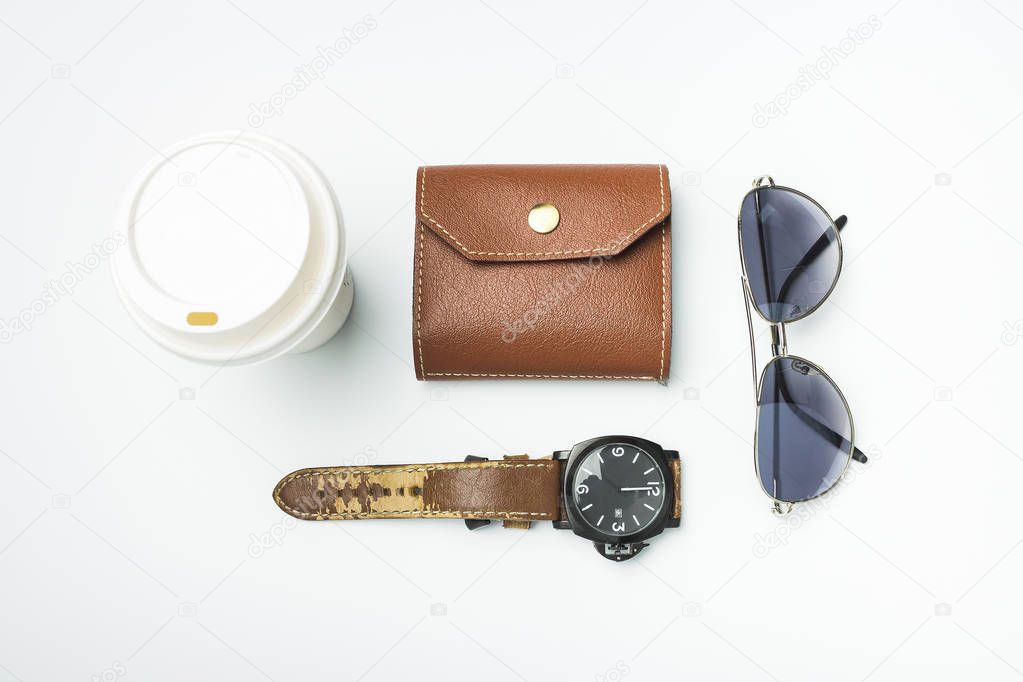 wallet with Watch and coffee cup, flat lay, top view background