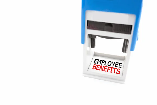 Beyaz arka plan üzerinde çalışan faydaları etiketli stamper — Stok fotoğraf