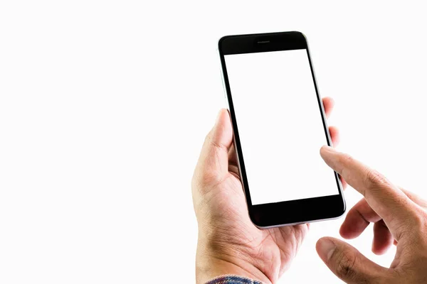 Hombre sosteniendo una pantalla en blanco del teléfono inteligente. Tome su pantalla para poner en la publicidad — Foto de Stock