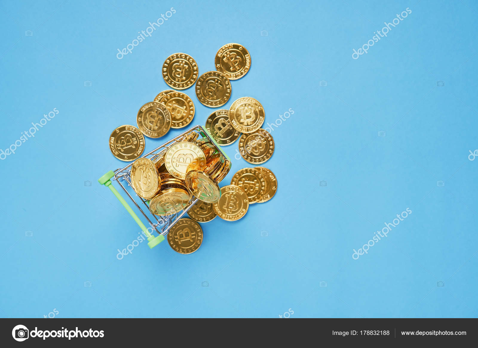 Top View Gold Bitcoin Placed Small Shopping Cart Digital Currency - 