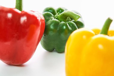 Dolmalık biber beyaz bir arka plan üzerinde birçok renkte bir gruptur.