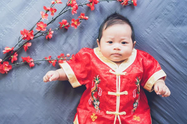 穿红衣服的婴儿穿着蓝色的布花和看 概念农历新年 — 图库照片