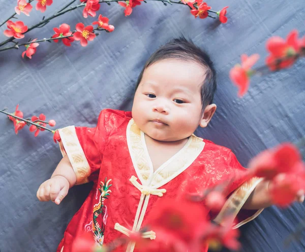 穿红衣服的婴儿穿着蓝色的布花和看 概念农历新年 — 图库照片