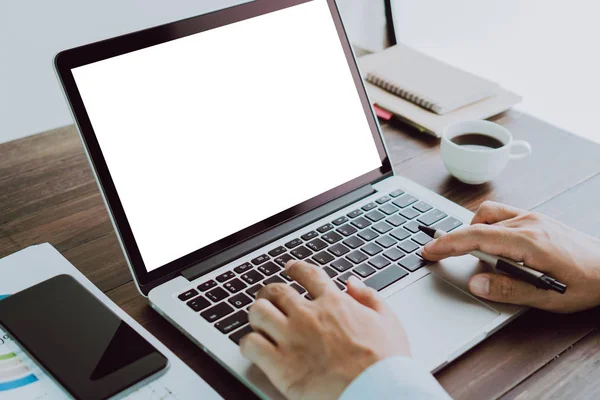 Businessman Hand Working Blank Screen Laptop Smartphone Wooden Desk Office — Stock Photo, Image