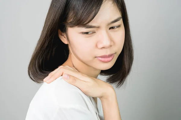 Asian Girl White Casual Dress Catch Shoulder Because Pain Hard — Stock Photo, Image