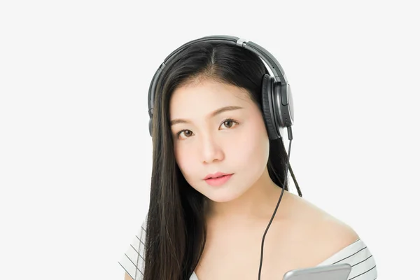 Las Mujeres Asiáticas Están Escuchando Música Auriculares Negros Ambiente Cómodo —  Fotos de Stock