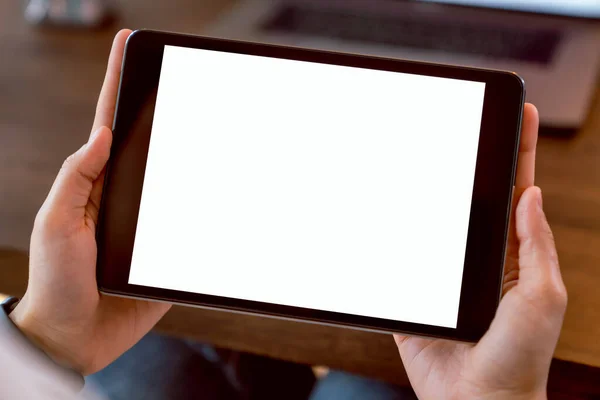 Woman Holding Digital Tablet Mockup Blank Screen Computer Table Office — Stock Photo, Image