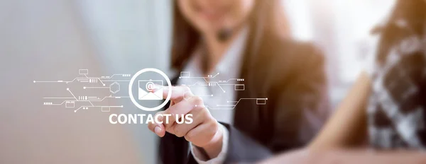 Contact Concept Business Woman Hand Pointing Icon Email Customer Service — Stock Photo, Image