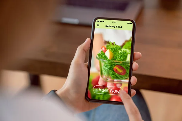 Woman Using Smartphone Touching Application Screen Ordering Salad Online Table — Stock Photo, Image