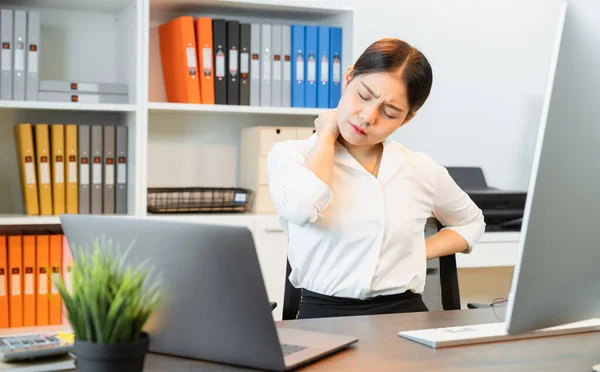 Asian Business Woman Have Backache Because Sitting Working Using Computer — Stock Photo, Image