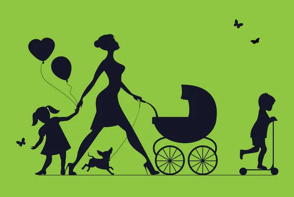 Mujer con dos hijos y perros. Super madre camina con niños. Silueta vectorial — Archivo Imágenes Vectoriales