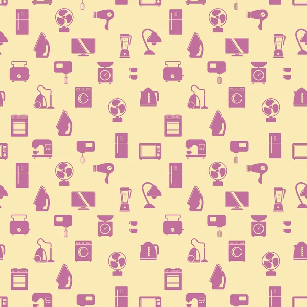 Seamless pattern of household appliances. Washing machine, stove, fridge, lamp, kettle, hairdryer, mixer, coffee machine, weigher, fan, monitor, microwave, vacuum cleaner and toaster — Stock Illustration Seamless pattern of household appliances. Washing machine, stove, fridge, lamp, kettle, hairdryer, mixer, coffee machine, weigher, fan, monitor, microwave, vacuum cleaner and toaster Royalty Free Stock Illustrations