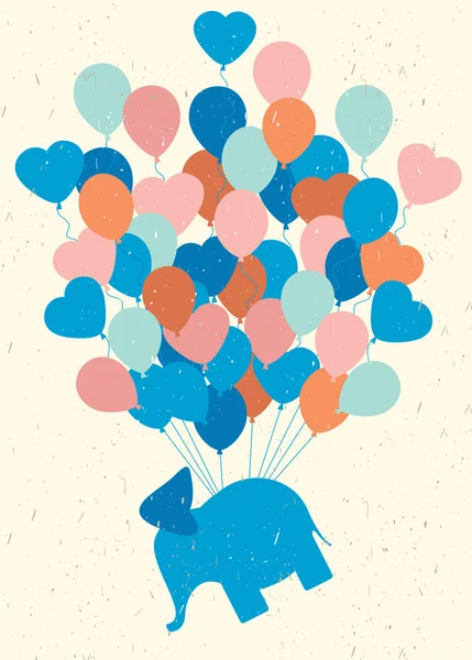 Balonlar. Fil. Hediye. Vintage kartpostal. Renkli balonlar ve açık renkli fil