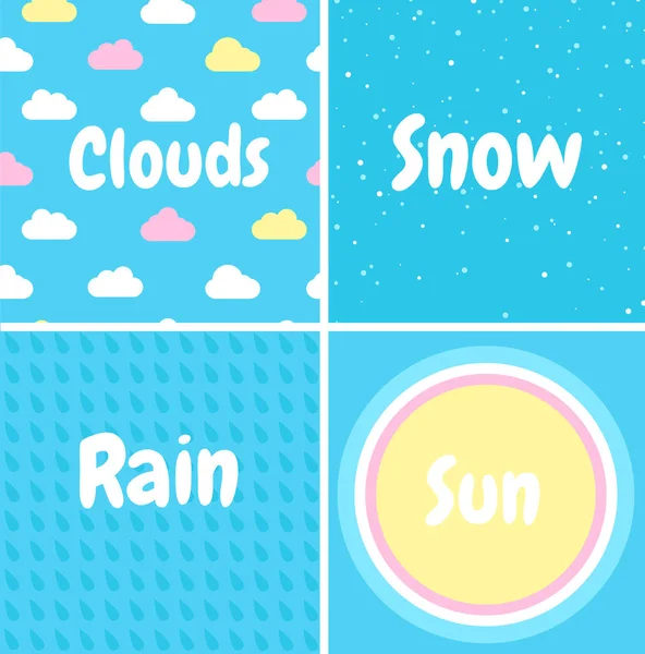 Conjunto de patrones sin costura. Nieve, lluvia, nubes, sol — Archivo Imágenes Vectoriales