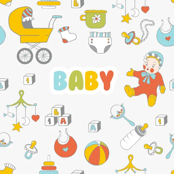 Babykleidung und Spielzeug von Hand gezeichnet nahtlose Muster — Stockvektor
