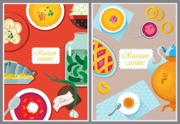 Siapkan makanan nasional Rusia. Ilustrasi makanan Masakan Rusia - Stok Vektor