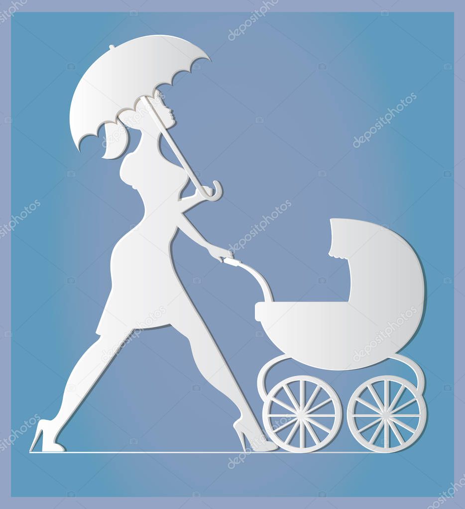 Nanny. Woman walking with a baby carriage. Paper art and craft style