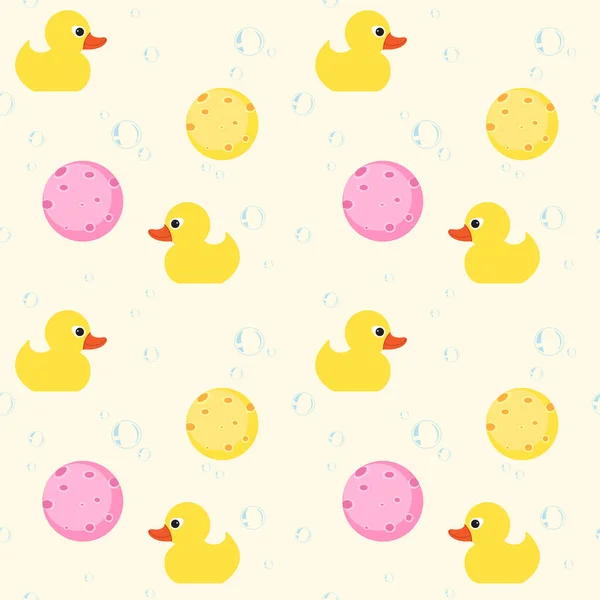 Seamless pattern with yellow rubber duck,soap bubble and sponge — Stock Vector