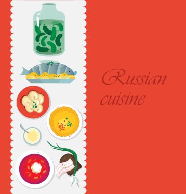 Rus yemekleri. Menü mutfak eşyaları ve foo pişirme için şablon