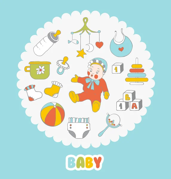 Vêtements de bébé et jouets dessinés à la main motif sans couture — Image vectorielle