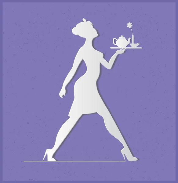 Silueta de camarera sobre fondo azul. Chica delgada llevando — Archivo Imágenes Vectoriales