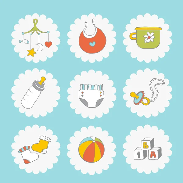 Baby icons set. Cute things on a blue background — Stock Vector