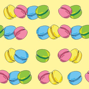 Macarons vintage vektör sorunsuz arka plan. Sorunsuz çeşitli macarons desen