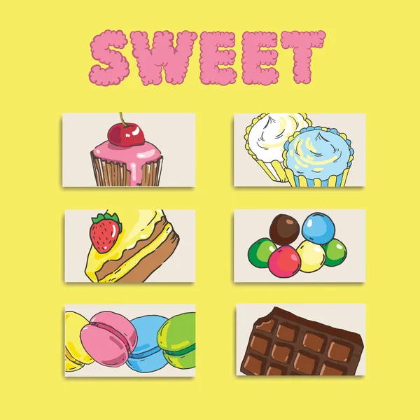 Set of cute creative card templates with sweets theme design. Ha — Stock Vector