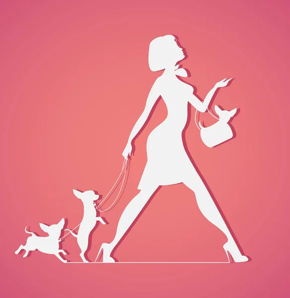 Silueta vectorial de mujer con perro. Perros paseantes. Fashionista — Archivo Imágenes Vectoriales
