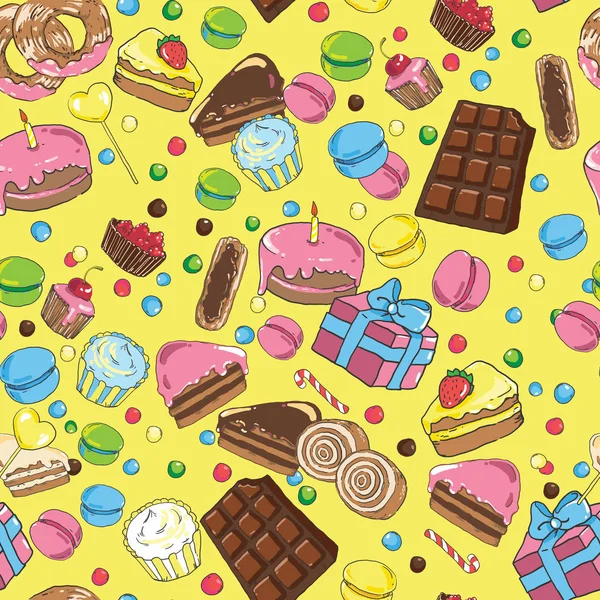 Seamless pattern of sweets on a yellow background — Stock Vector