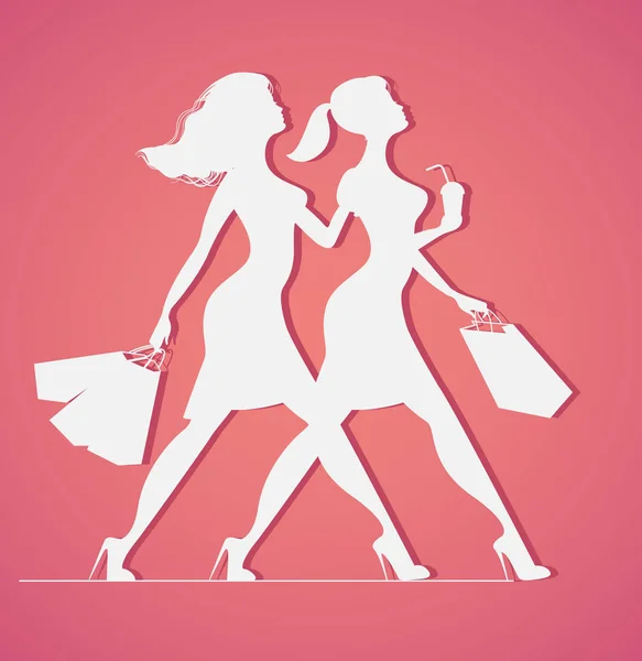 Silueta de mujeres con bolsas de compras — Vector de stock