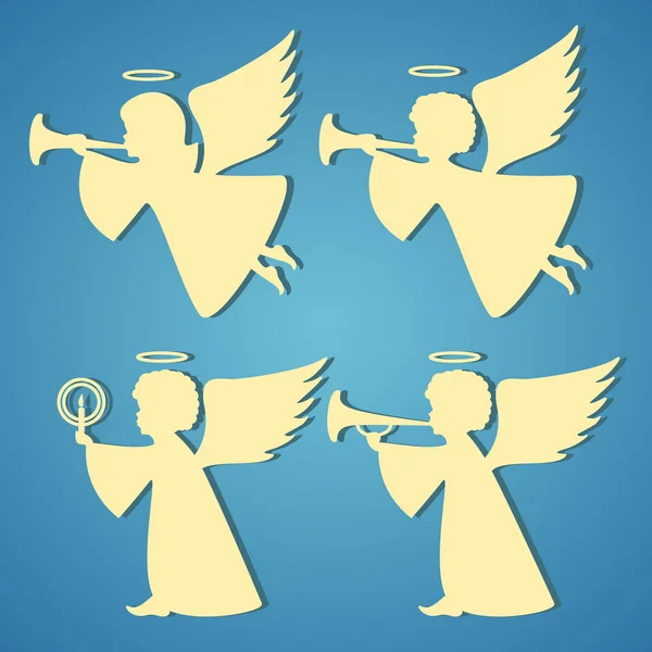Siluetas doradas de ángeles sobre fondo azul — Vector de stock