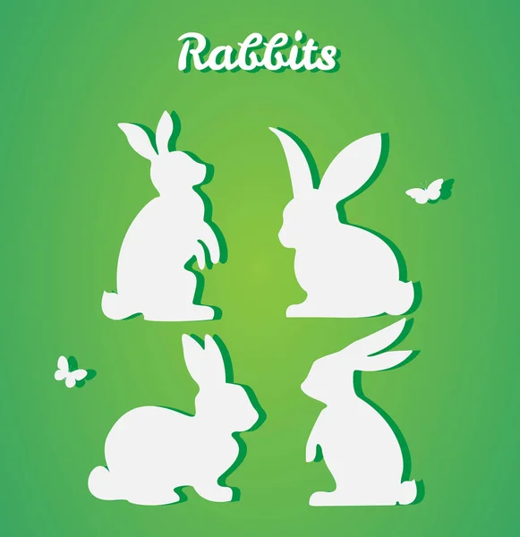 Conjunto de conejos de Pascua. Silueta vectorial. Arte de papel y estilo artesanal — Vector de stock