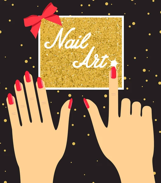 Kvinna hand med röda naglar på gyllene bakgrund. Gåva certi — Stock vektor